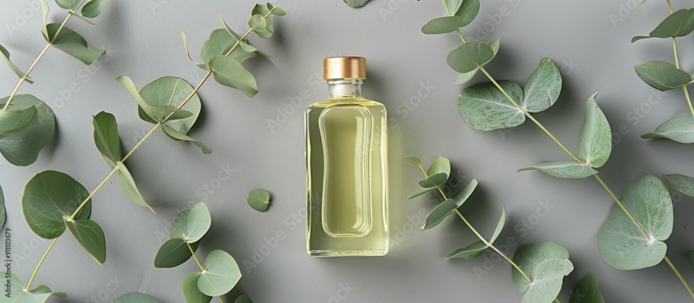 Poster aromatherapy item with a bottle of essential oil and eucalyptus leaves on a gray background in a fla