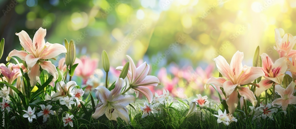 Poster blooming lilies providing a beautiful backdrop in the field with copy space image available