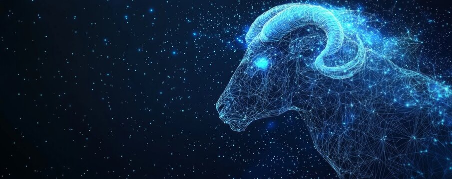 Illustration of a wireframe Aries constellation in a starry night sky background