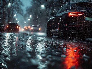 Nighttime Urban Street With Rain-Slicked Pavement and Glowing Car Lights