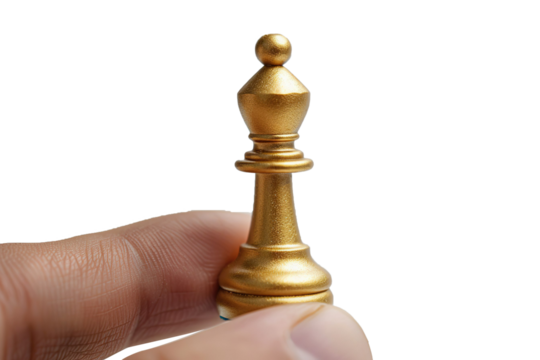 Hand holding golden chess pawn pieces or leader, isolated on white background.