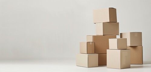Obraz premium Stack piled of various cardboard boxes, minimalistic setting, ideal for packing, moving, storage shipping organization background with copyspace