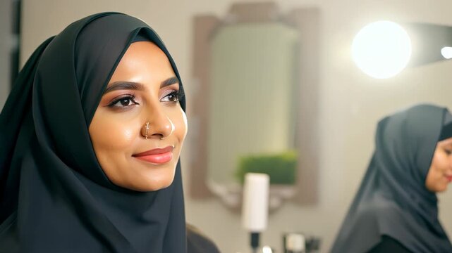 Woman in hijab looking away with slight smile in beauty salon or studio