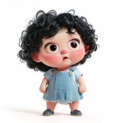 Cartoon Baby Girl with Curly Black Hair and Blue Overalls