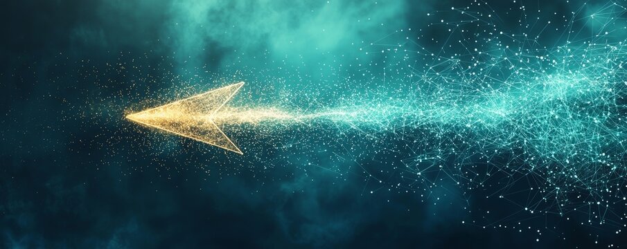 Futuristic glowing arrow breaking through digital barriers in a high-tech, abstract environment