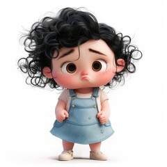 Sad Cartoon Girl with Curly Black Hair and Blue Overalls