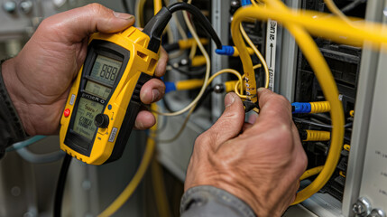 An electrician using a digital multimeter on wires in an electrical panel, a close up shot of hands holding the meter with yellow and white cables connected to the power plants