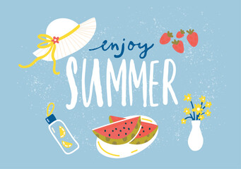 Enjoy summer banner, watermelon slices, hat and flowers. Inspirational hand lettering for apparel design, stationery and social media, vector template