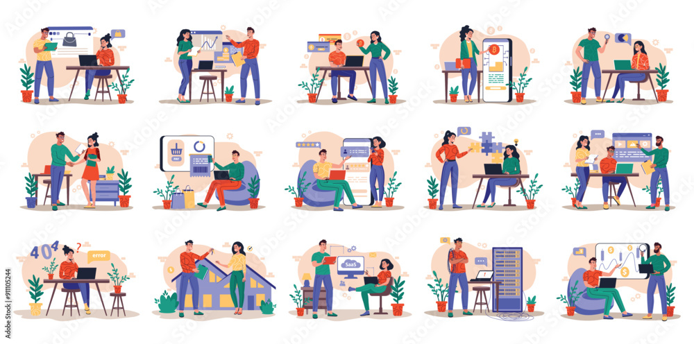 Poster bundle of different concepts with people scene in flat cartoon design. a huge selection of colorful 