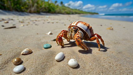 Obraz premium photograph of a hermit crab on a sandy beach near the ocean.