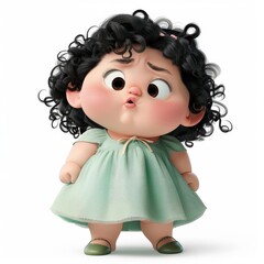 3D Cartoon Girl with Curly Black Hair Wearing a Green Dress