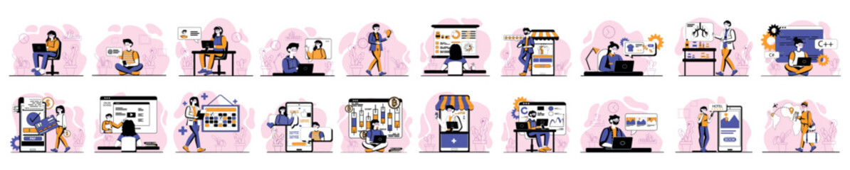Mega set of linear color concepts with people scene in flat cartoon design. A big collection of scenes with men and women in various situations on a pink background. Vector illustration.