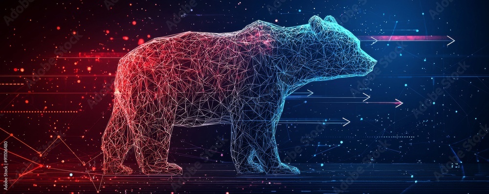 Poster wireframe illustration of a bear with digital elements and abstract background