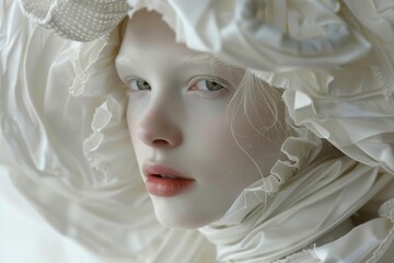 Elegant woman wearing a large white hat with ruffles.