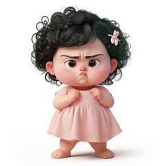 Fototapeta premium Cute cartoon baby girl with curly black hair wearing a pink dress standing with an angry pouting expression on a white background.