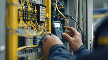 An electrician using a digital multimeter on wires in an electrical panel, a close up shot of hands holding the meter with yellow and white cables connected to the power plants