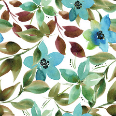 Forget me not watercolor flower print. Abstract herbal background. Seamless pattern.