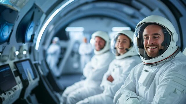 Confident Astronaut with Crew in Background at Space Center.
