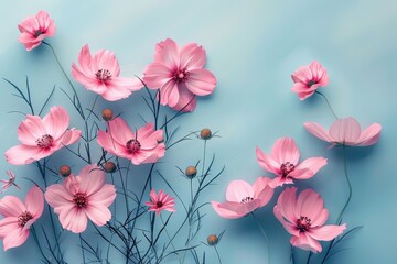 Delicate pink flowers arranged on a light blue background, showcasing a fresh and spring-inspired floral composition.