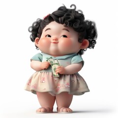 Fototapeta premium Cute 3D cartoon girl with curly black hair holding dollar bills on a white background.
