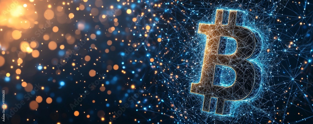 Poster wireframe bitcoin symbol with glowing network of lights and particles