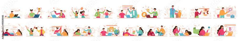 Poster mega set of colorful concepts with people scene in flat cartoon design. each scene in this collectio