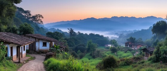 Fototapeta premium Sunrise Over a Misty Mountain Village