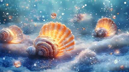 A magical underwater scene with sea shells and pearls made of ethereal snow, glowing softly amidst the currents 