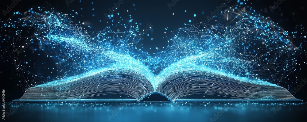 Poster digital wireframe book illustrating knowledge and technology concepts