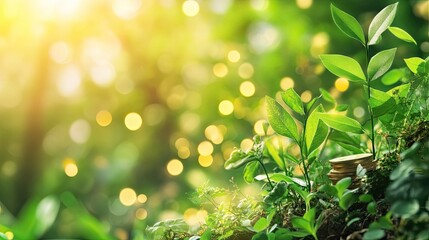 Naklejka premium Eco economy concept, with imagery of greenery, money, and renewable resources highlighting sustainable development