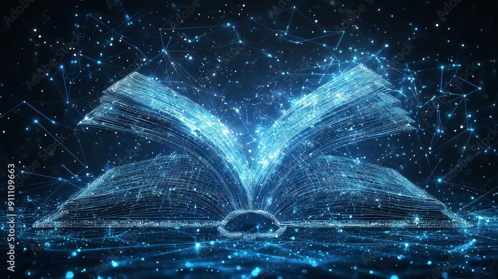 Wall mural digital wireframe book with glowing light particles and futuristic network design
