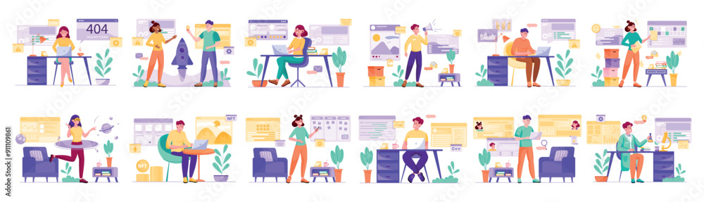 Poster set of purple concepts with people scene in flat cartoon design. every scene in this collection is f