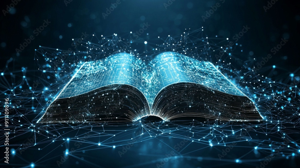Poster digital wireframe book with glowing lines and particles representing technology and education