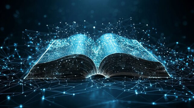 Digital wireframe book with glowing lines and particles representing technology and education