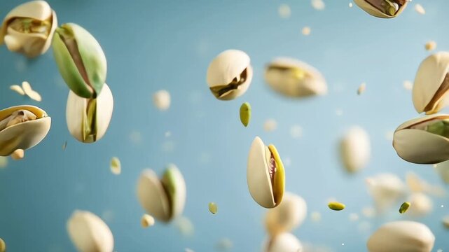 Realistic pistachio nuts falling in explosion splash for snack package or advertising poster. Whole pistachio nuts falling in motion in macro closeup for food product