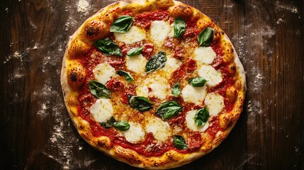 Overhead shot of a Margherita pizza on a wooden table, featuring vibrant toppings and a golden crust