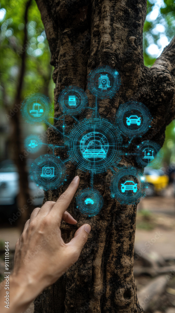 Poster a hand is pointing at a tree with a blue background. the tree is surrounded by a circle of icons, in