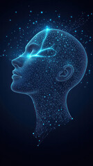 A woman's face is shown in a blue and white color scheme. The face is surrounded by a starry sky, giving the impression of a futuristic or sci-fi setting. Concept of wonder and curiosity