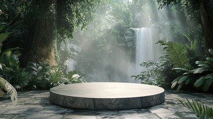 Fototapeta premium Peaceful Stone Platform Surrounded by Lush Jungle and Cascading Waterfall