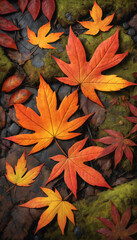 Orange Leaves on a Green Background