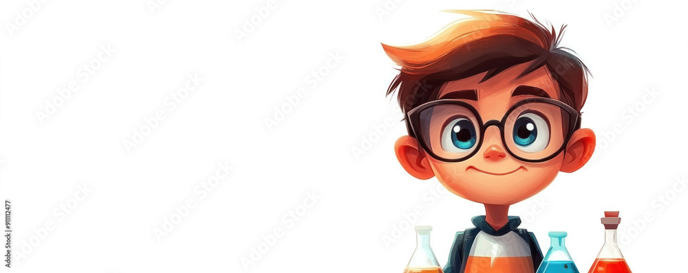 Poster a cartoon boy with glasses is holding a beaker and a test tube. the image is meant to convey the ide