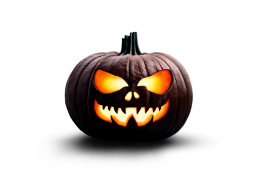 A halloween pumpkin carved lantern at night with a scary, spooky evil glowing face isolated against a transparent background for use on dark backgrounds.
