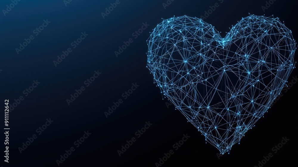 Poster digital heart shape formed by interconnected blue lines and nodes in abstract design