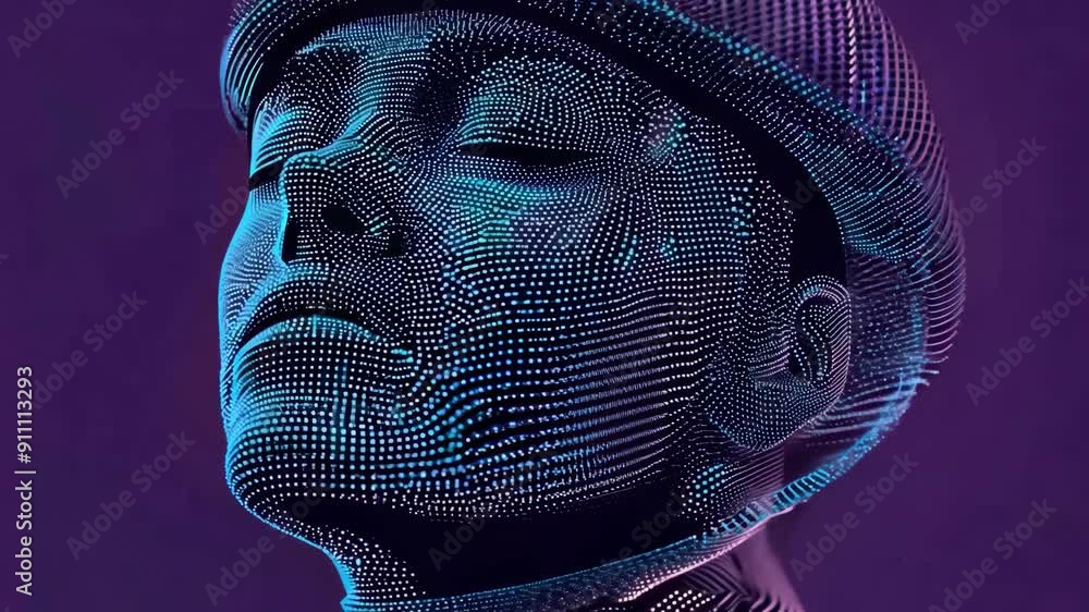 Aufkleber animation of abstract digital head made from neon dots and particles in cyberspace. astronaut in hel
