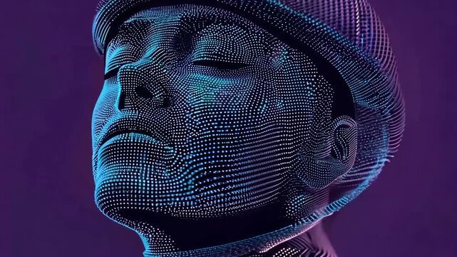 Animation of abstract digital head made from neon dots and particles in cyberspace. Astronaut in helmet in space simulator. Artificial intelligence, neural network