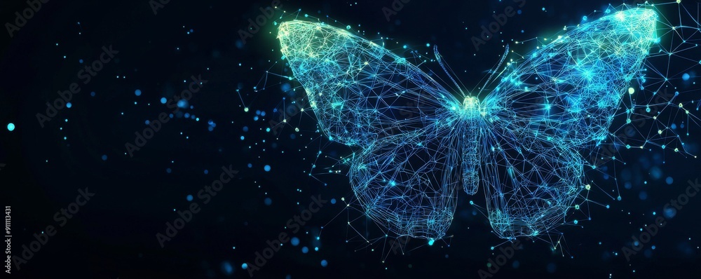 Poster digital wireframe butterfly on dark background representing technology and innovation