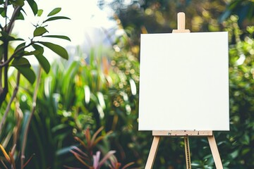 Blank White Canvas on Easel in Lush Green Outdoor Garden Setting - Mockup for Artwork Design