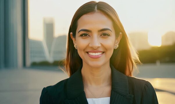 Portrait video of a pleased Saudi Arabian woman in her 40s wearing a classic blazer against a modern architectural background 