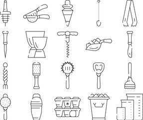 Bartender Accessory Collection Icons Set Vector. Bar Spoon And Grater, Juicer And Ice Breaker, Cocktail Shaker And Jiggers Bartender Tools Black Contour Illustrations