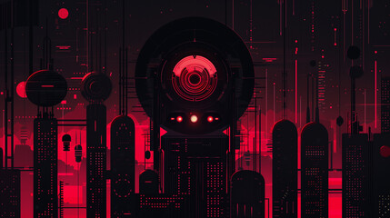 Abstract futuristic cityscape with prominent red lights, geometric shapes, and a large central circular structure